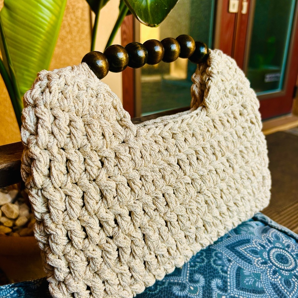 Handcrafted Beige Crochet Bag with Wooden Handle